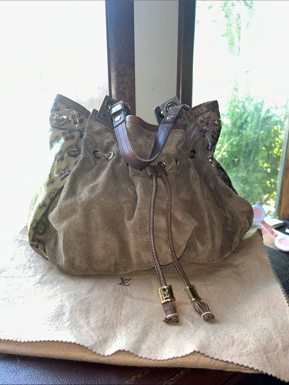 Louis Vuitton Irene Taupe Suede Drawstring Tote Bag with Monogram Accents